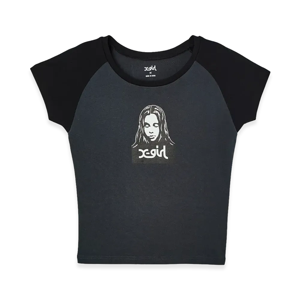 X-Girl Women's Face Raglan S/S Baby Tee "Charcoal"