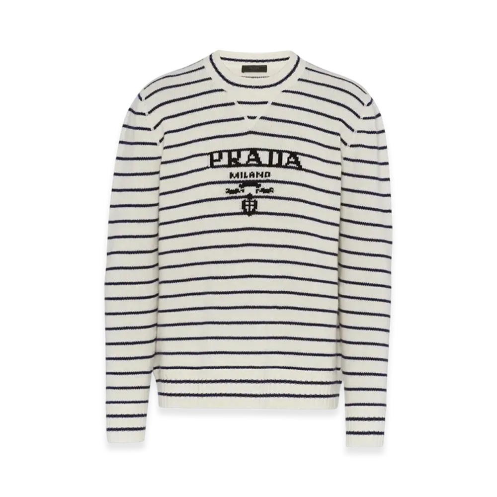 PRADA Wool Cashmere Crewneck Sweater "White/Blue"