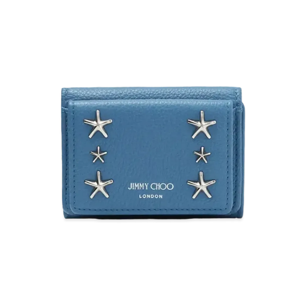 Jimmy Choo Nemo Soft Grainy Calf Leather Small Wallet With Star Studs "Silver/Butterfly Blue"