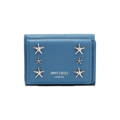 Jimmy Choo Nemo Soft Grainy Calf Leather Small Wallet With Star Studs "Silver/Butterfly Blue"