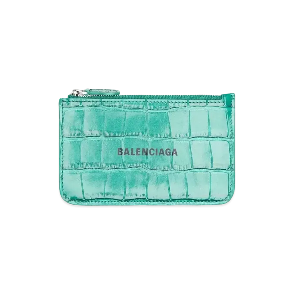 BALENCIAGA Cash Large Long Coin & Card Holder Metallic Crocodile Press "Green"