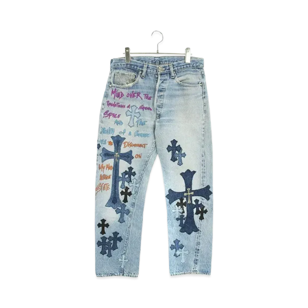 Chrome Hearts DENIMS LAYERS ON LAYERS XCLUSIVELY UNSLASHABLE Washed Denim Pants with Cross "Blue"