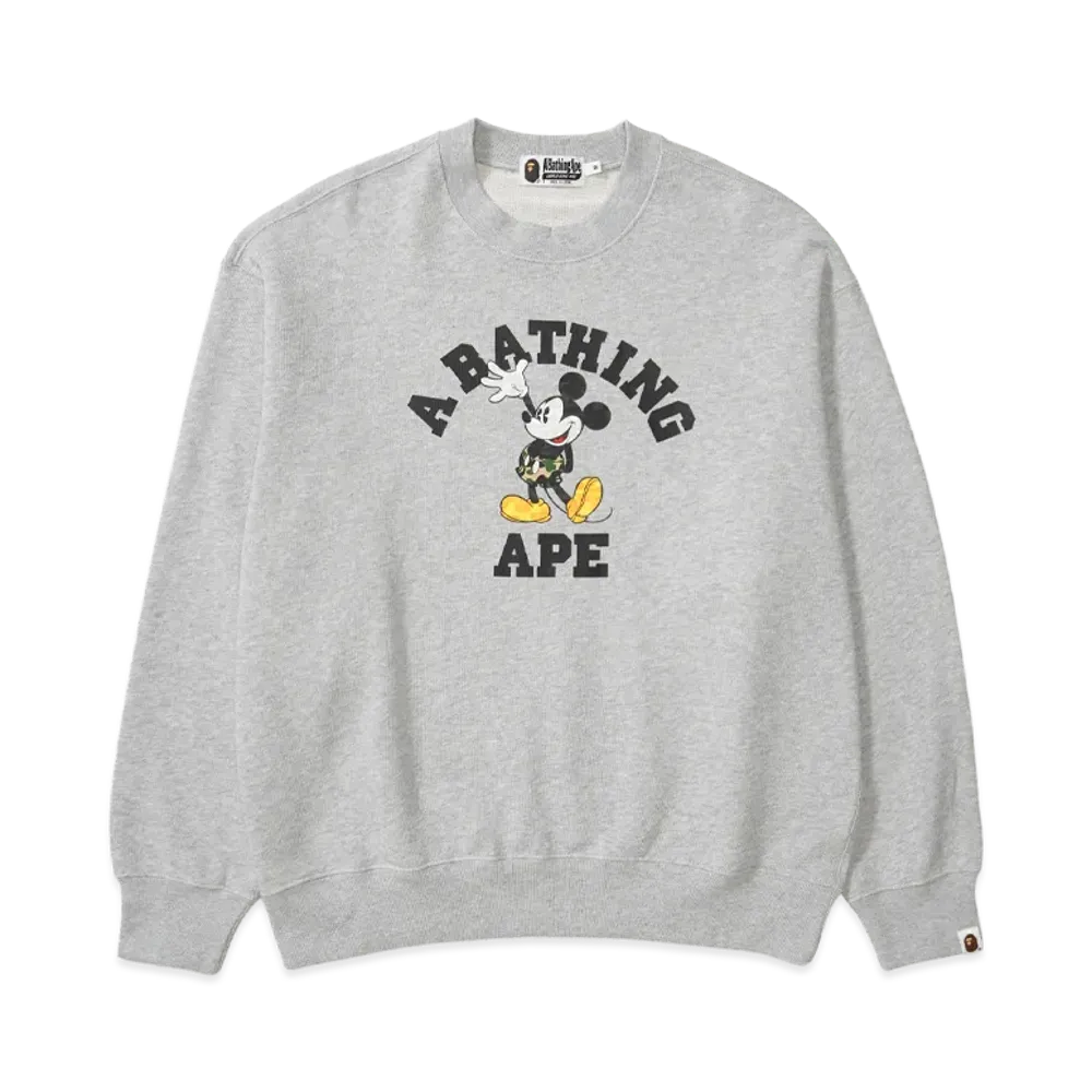 A BATHING APE x Disney Mickey Mouse College Relaxed Fit Crewneck "Gray"