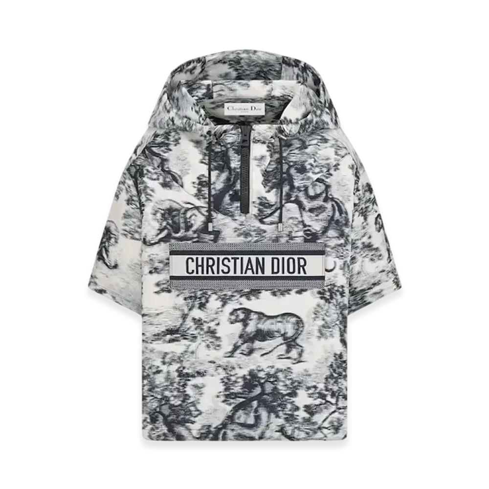 Dior Women's Toile de Jouy Sauvage Chine Technical Taffeta Jacquard Short-Sleeved Hooded Short Anorak "Ecru/Blue"