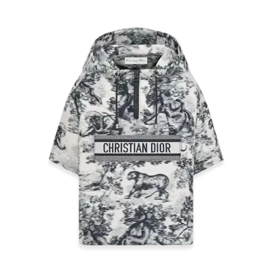 Dior Women's Toile de Jouy Sauvage Chine Technical Taffeta Jacquard Short-Sleeved Hooded Short Anorak "Ecru/Blue"