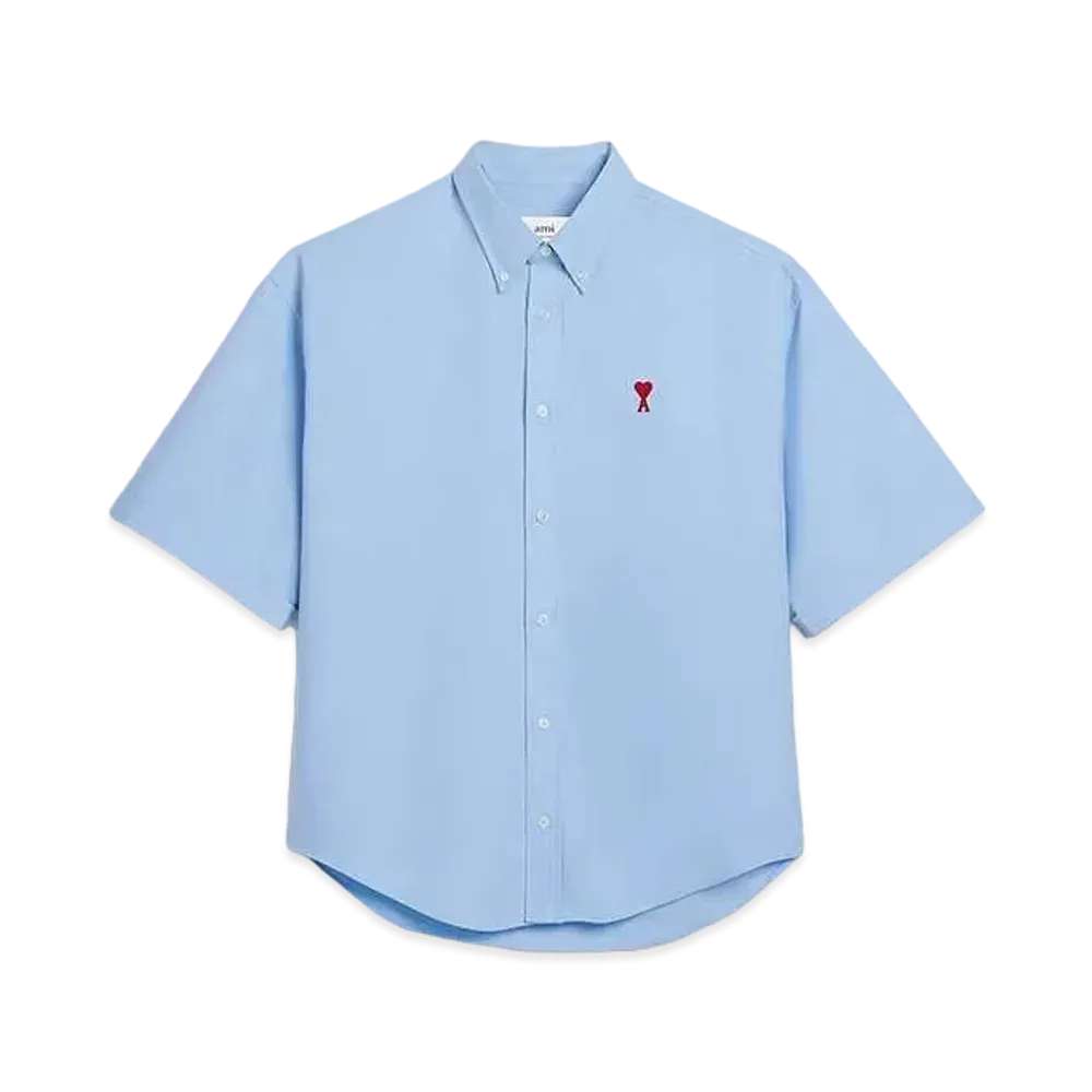 AMI PARIS Cotton Oxford Boxy Fit Short Sleeve Shirt "Cashmere Blue "