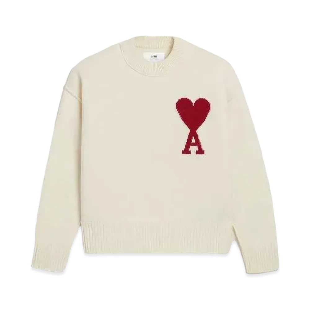 AMI PARIS Merino Wool Felt Sweater #1 "Off White & Red"