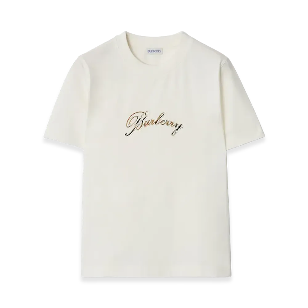 Burberry Women's Check Cursive Logo Cotton Tee "Chalk White"