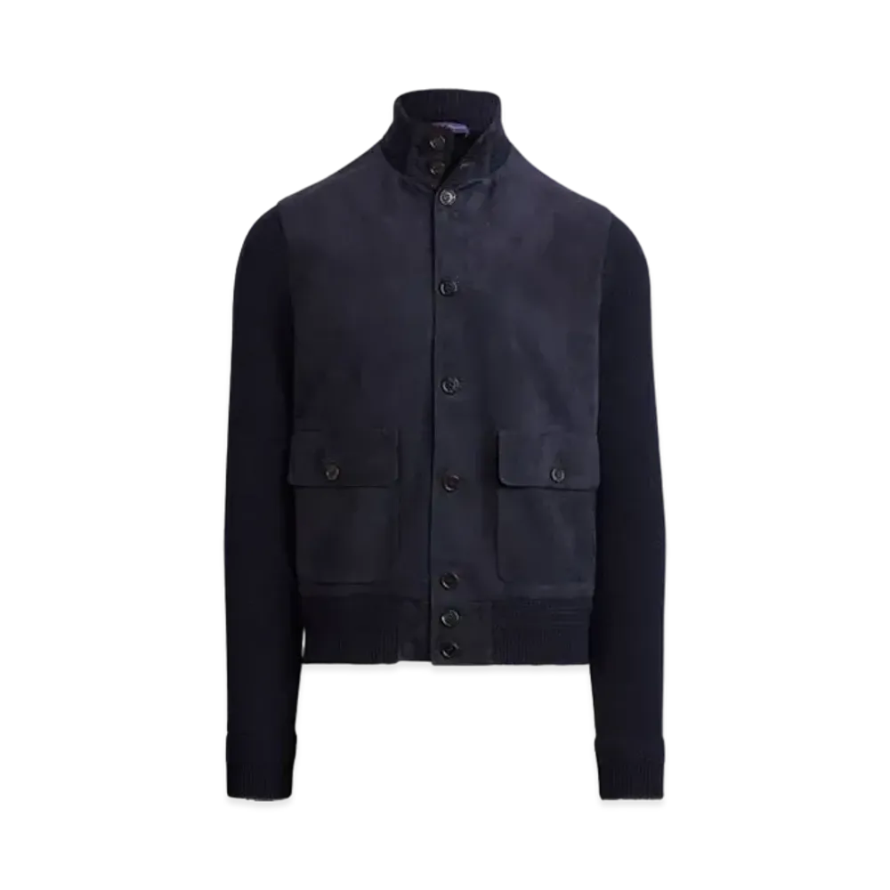 Ralph Lauren Purple Label Suede Front Cashmere Cardigan "Navy"