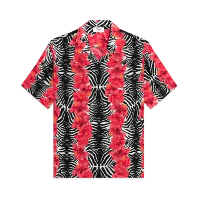 CELINE Hawaiian Shirt In Crepe de Chine "Craie/Black/Rouge"