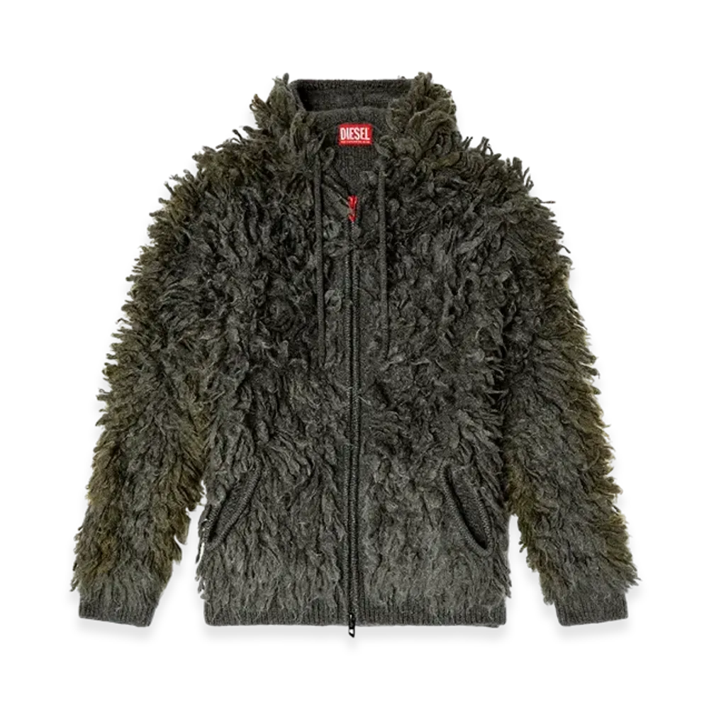 Diesel K-Whitman Hooded Cardigan In Shaggy Knit "Dark Gray"