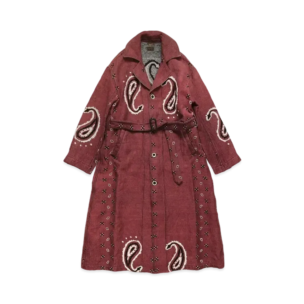KAPITAL LUG PAYSLEY PATTERN LINEN WOOL DRAGGING COAT"Red"