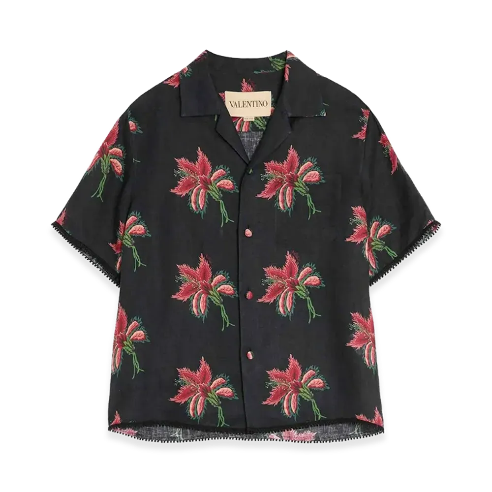 Valentino Linen Bowling Shirt With Papier Floral Print "Nero/Magenta/Ro"
