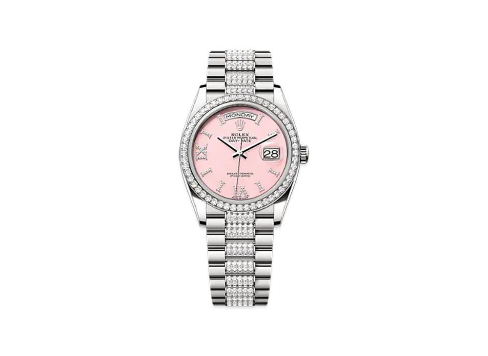 ROLEX Day-Date 36mm White Gold Diamond 128349RBR "Pink Opal"