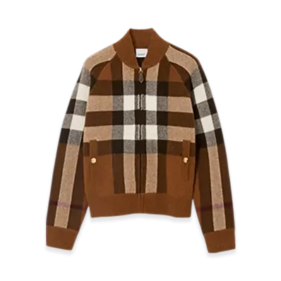 Burberry Check Wool Cashmere Bomber Jacket "Dark Birch Brown"