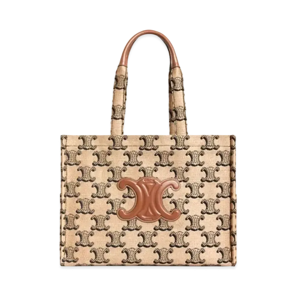 CELINE Large Cabas Thais In Raffia Jacquard Triomphe & Calfskin "Natural/Tan"
