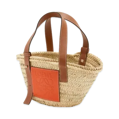 LOEWE Small Basket Bag In Palm Leaf And Calfskin "Natural/Orange"