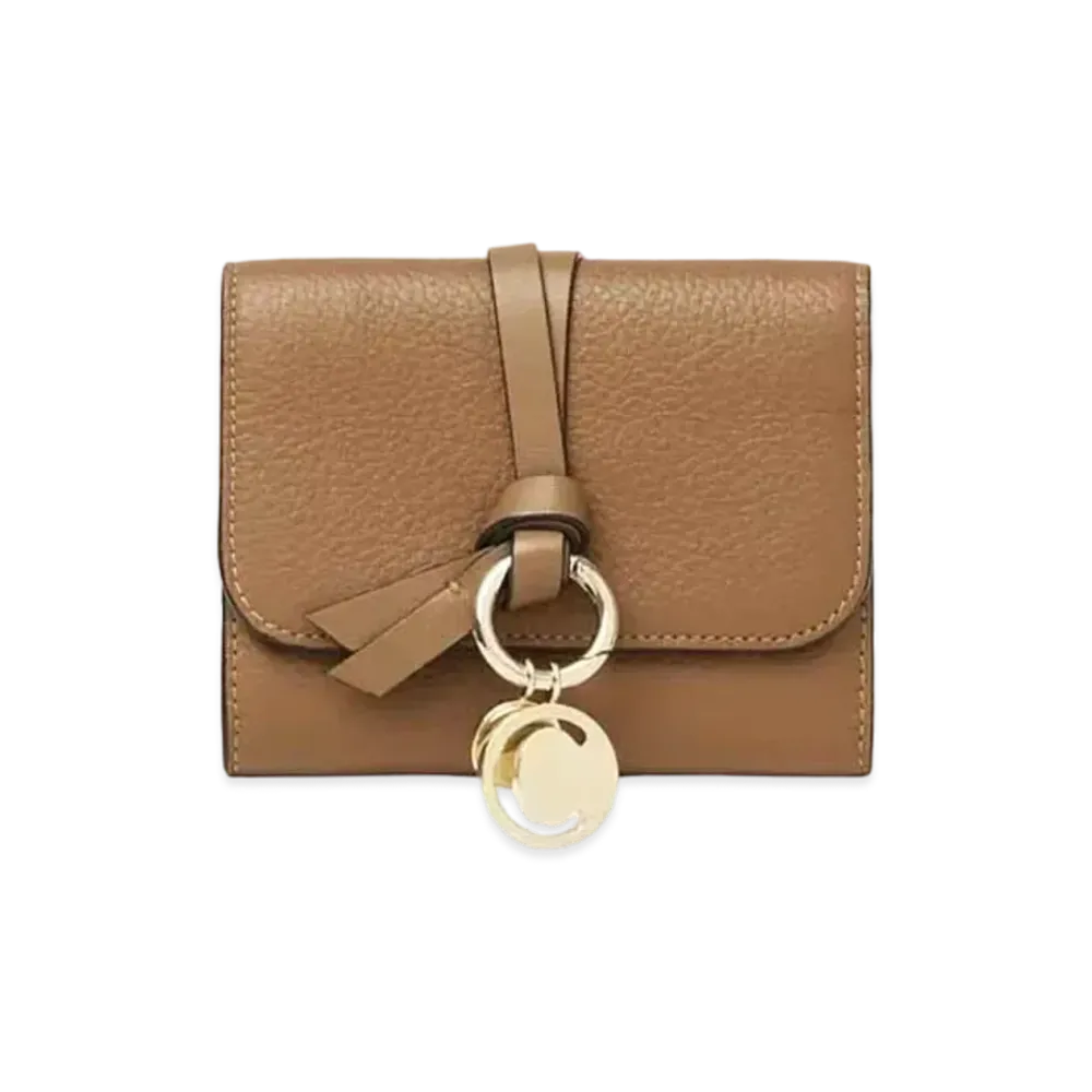 Chloe Alphabet Small Tri Fold Wallet With Leather Link In Grained & Shiny Calfskin "Cement Brown"