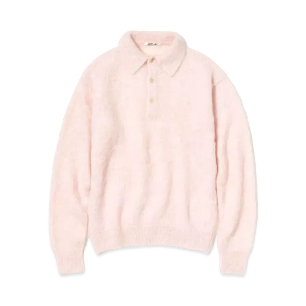 AURALEE BRUSHED SUPER KID MOHAIR KNIT POLO "Light Pink"