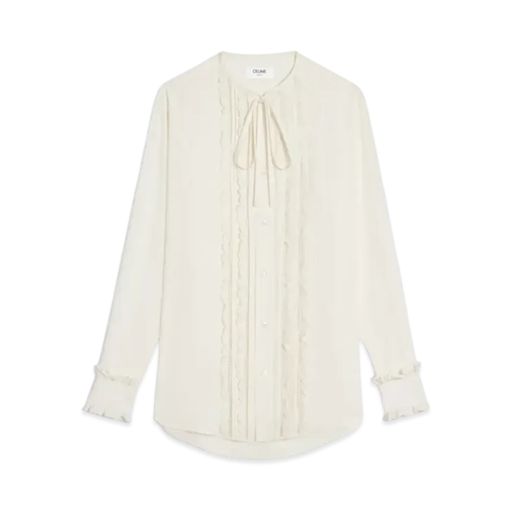 CELINE Women's Frilled Romy Shirt in Silk Crepe and Acetate "Ivory"