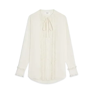 CELINE Women's Frilled Romy Shirt in Silk Crepe and Acetate "Ivory"
