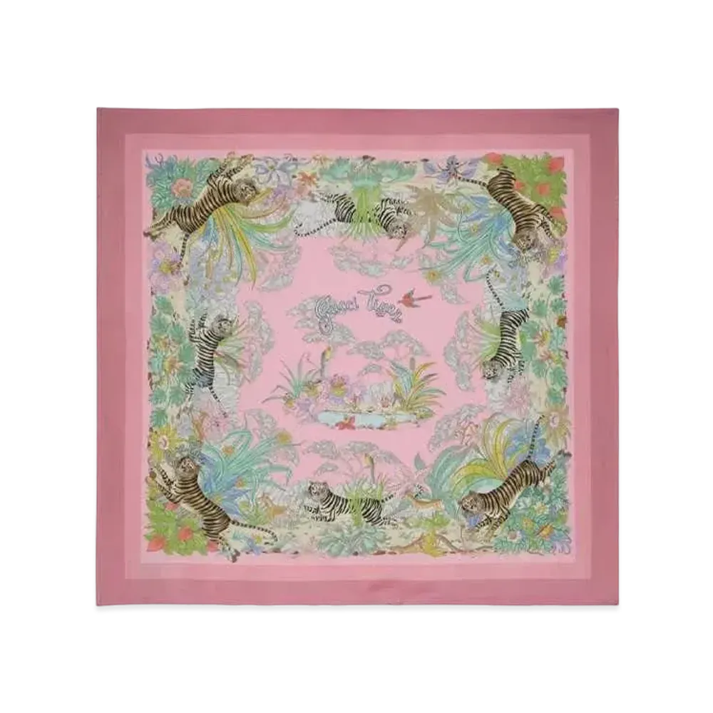 GUCCI Tiger Silk Scarf "Light Pink"