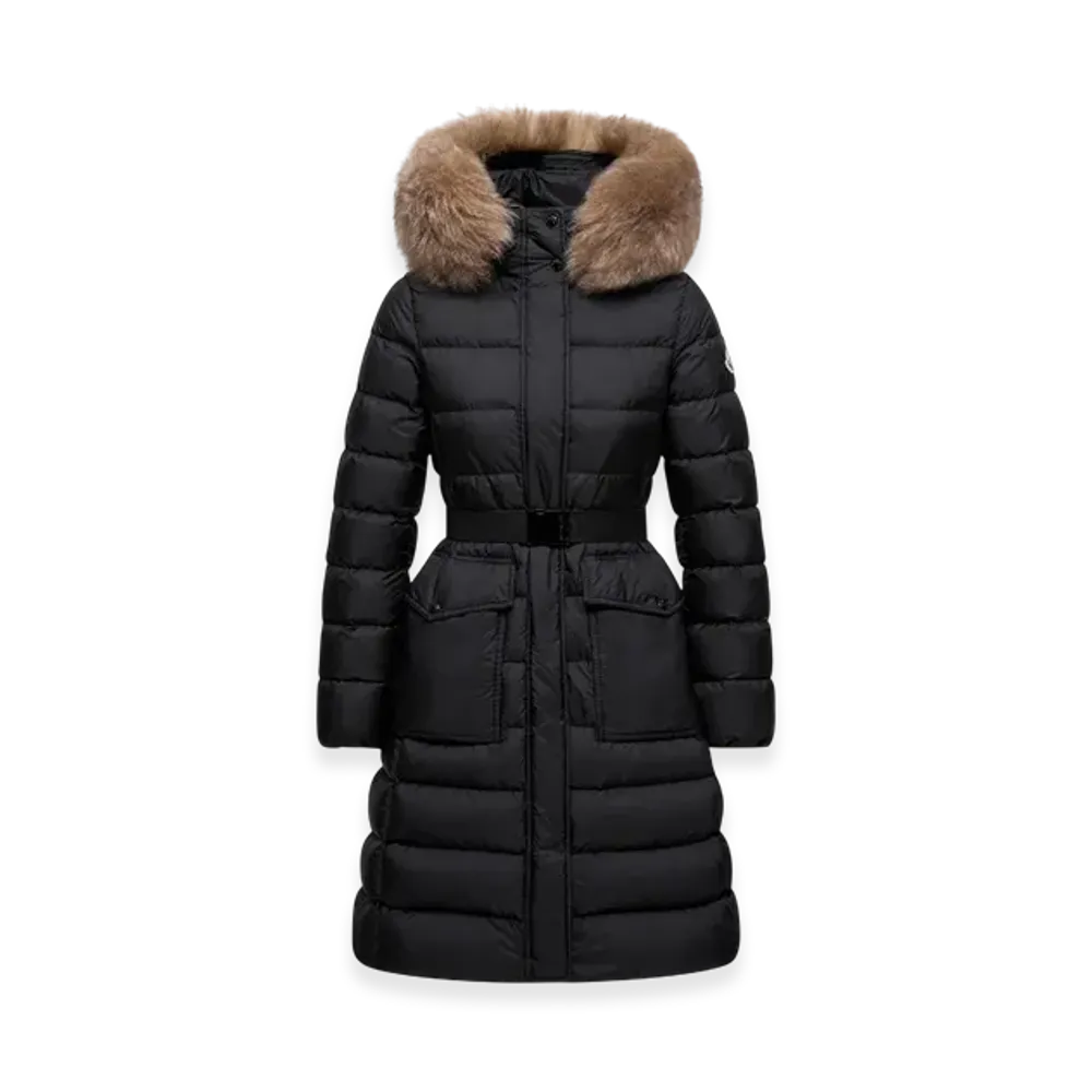 MONCLER Khloesse Hooded Shearling-Trimmed Long Down Jacket "Black"