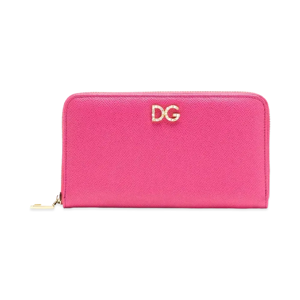 Dolce&Gabbana Zip Around Wallet Dauphine Calfskin Logo Crystal "Pink"
