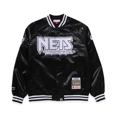 A BATHING APE x Mitchell & Ness x NBA New Jersey Nets Satin Jacket "Black"
