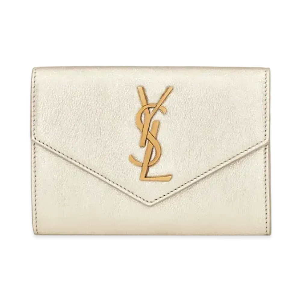 SAINT LAURENT Monogram Small Envelope Wallet In Metallized Leather "Pale Gold"