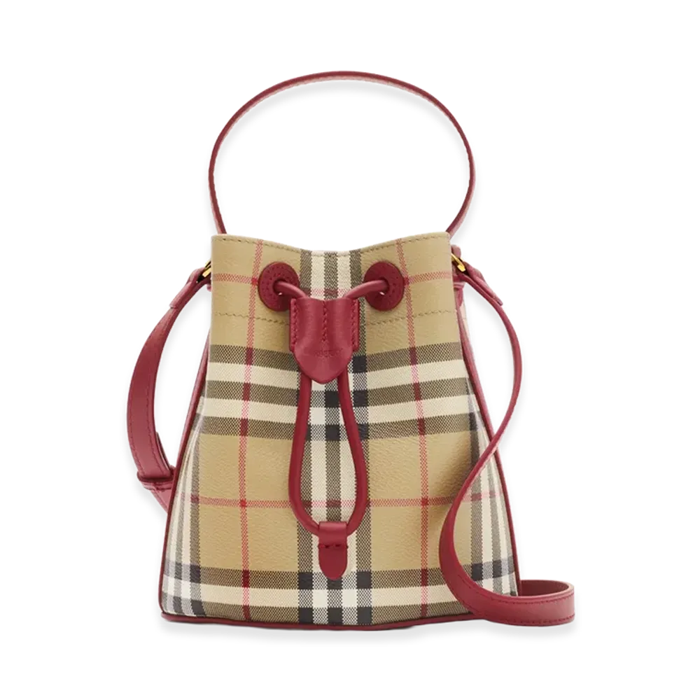 Burberry Women's Mini Check Bucket Bag "Archive Beige/Ruby Red"