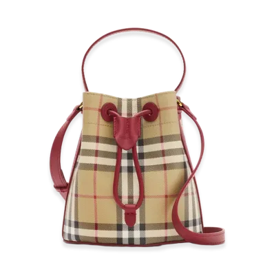 Burberry Women's Mini Check Bucket Bag "Archive Beige/Ruby Red"