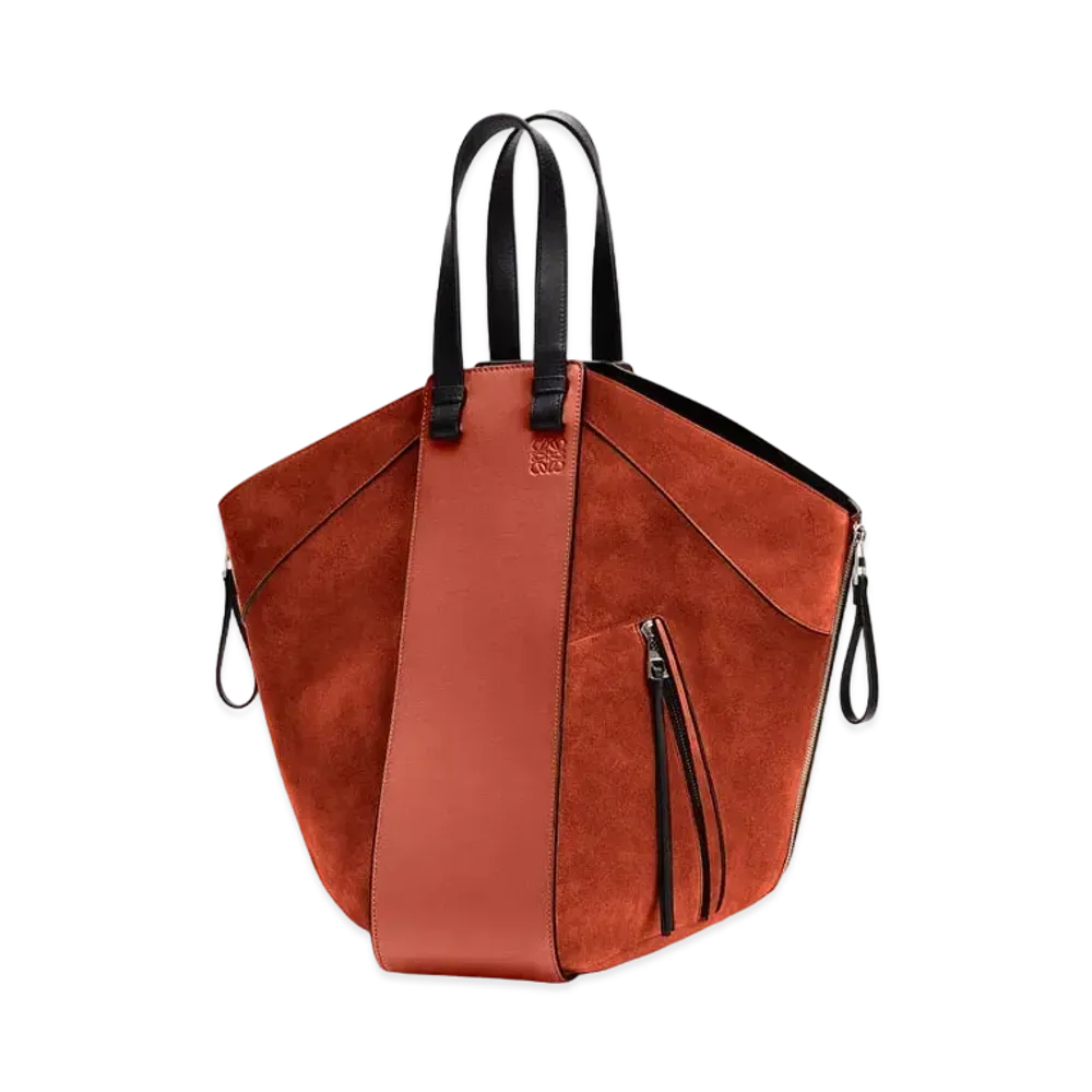 LOEWE Hammock Tote Bag In Calfskin And Suede "Dark Rust / Black"