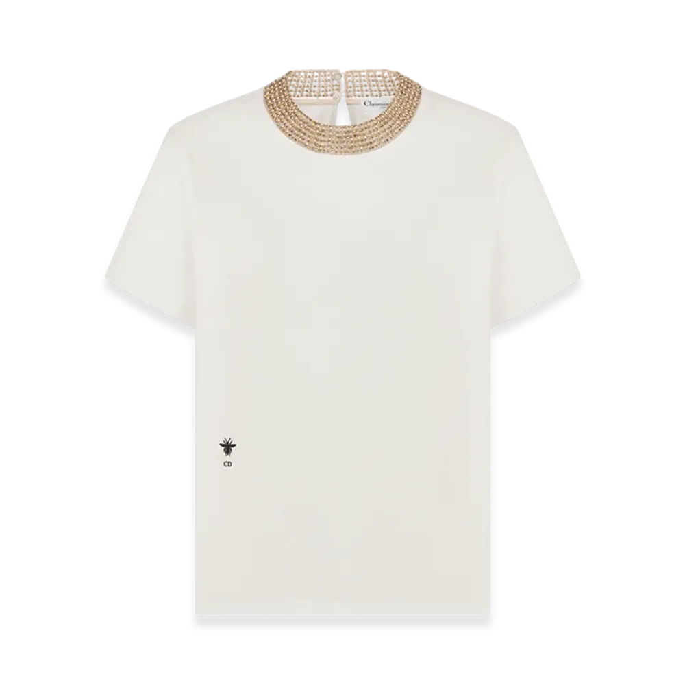 Dior Women's Cotton and Linen Jersey Embroidered T-Shirt "Ecru"