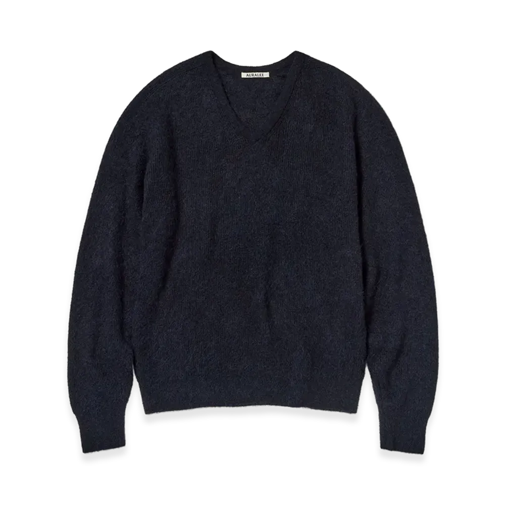 AURALEE Baby Suri Alpaca Sheer Knit V-Neck P/O "Navy"