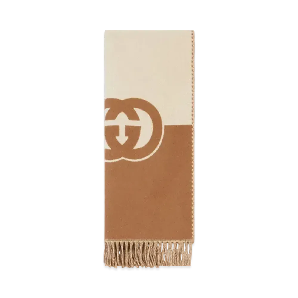 GUCCI Wool Cashmere Scarf with Interlocking G "Ivory/Beige"