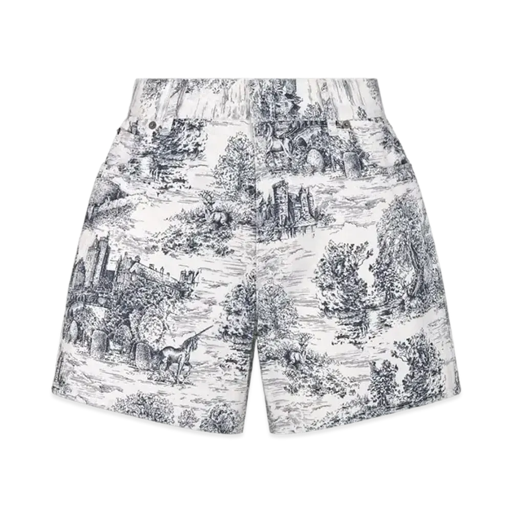 Dior Shorts Cotton Denim with Toile de Jouy Scotland Motif "Blue/White"