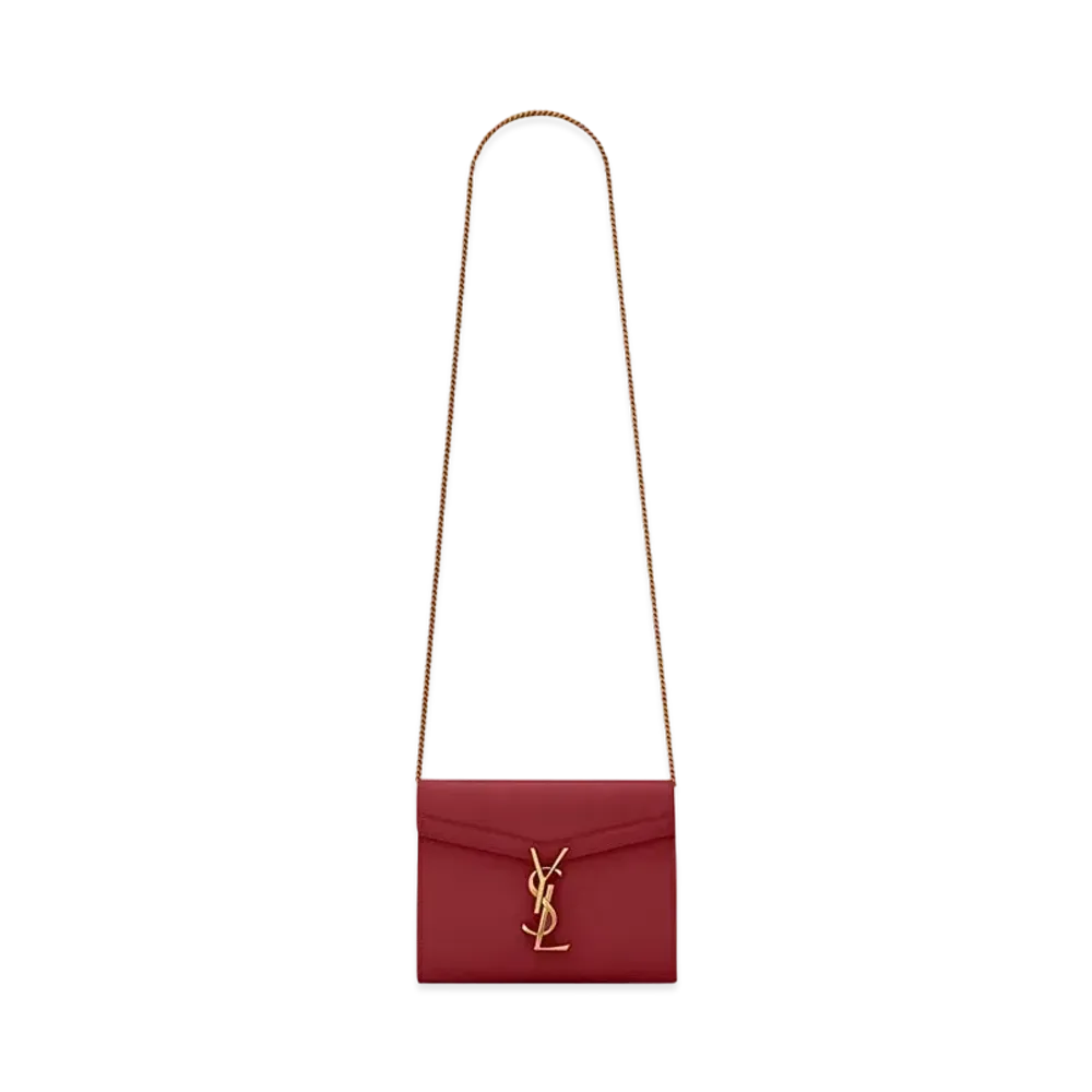 Saint Laurent Cassandra Chain Wallet In Grain De Poudre Embossed Leather "Rouge Opyum"