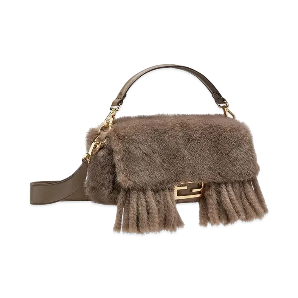 FENDI Baguette Mink Bag With Fringing "Gray"