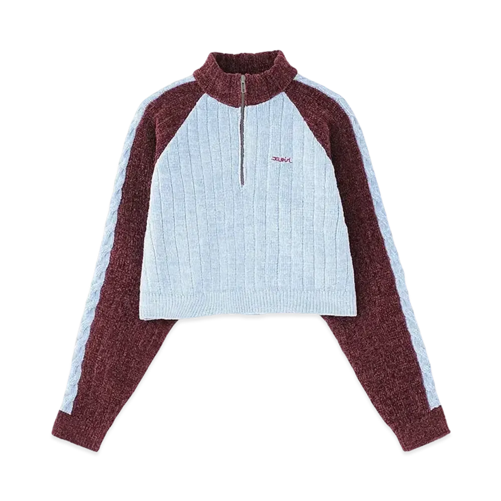 X-Girl Striped Sleeve Half Zip Knit Top "Burgundy"