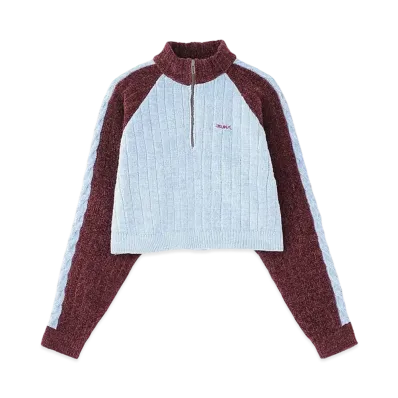 X-Girl Striped Sleeve Half Zip Knit Top "Burgundy"