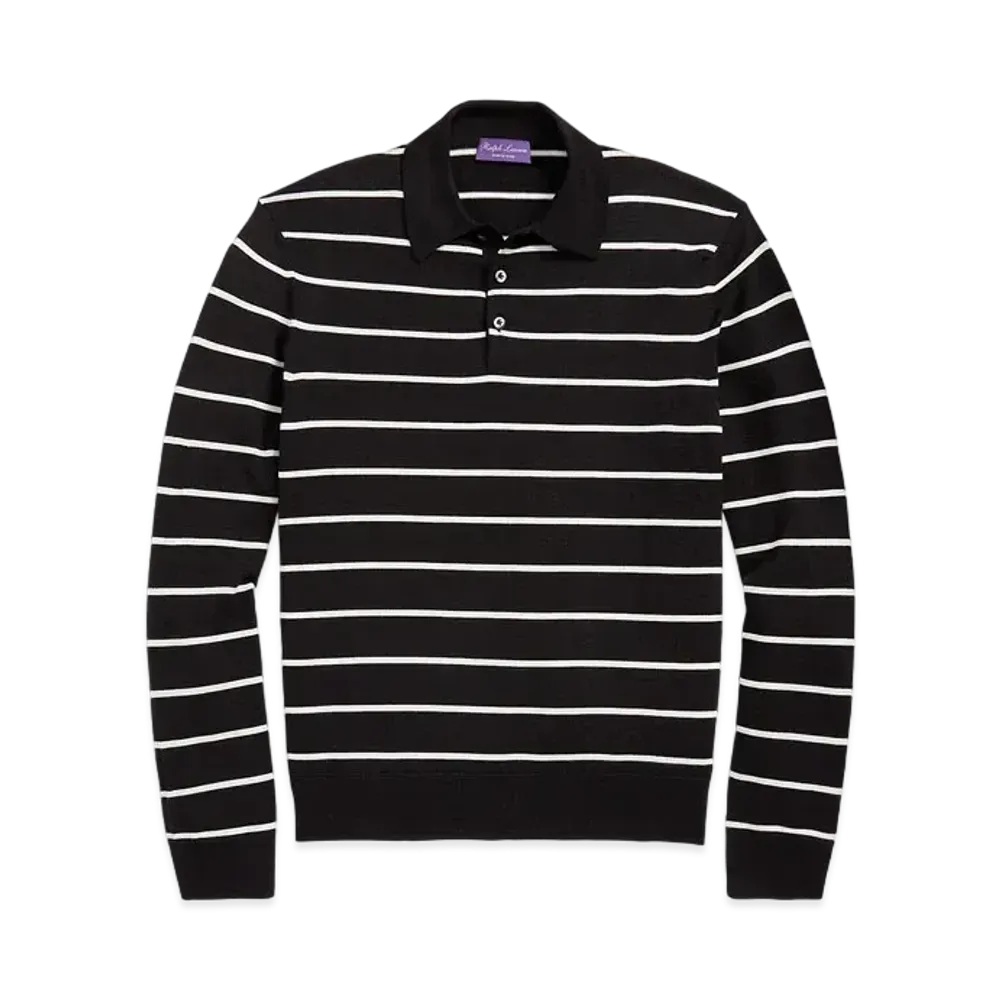 Ralph Lauren Purple Label Striped Wool Polo Collar Sweater "Black"