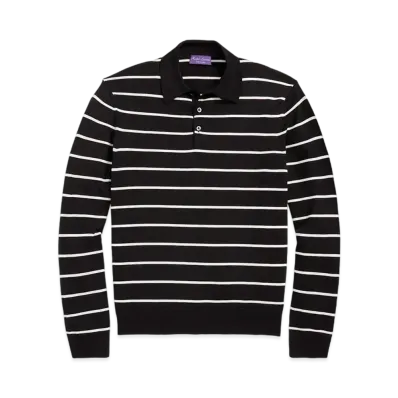 Ralph Lauren Purple Label Striped Wool Polo Collar Sweater "Black"