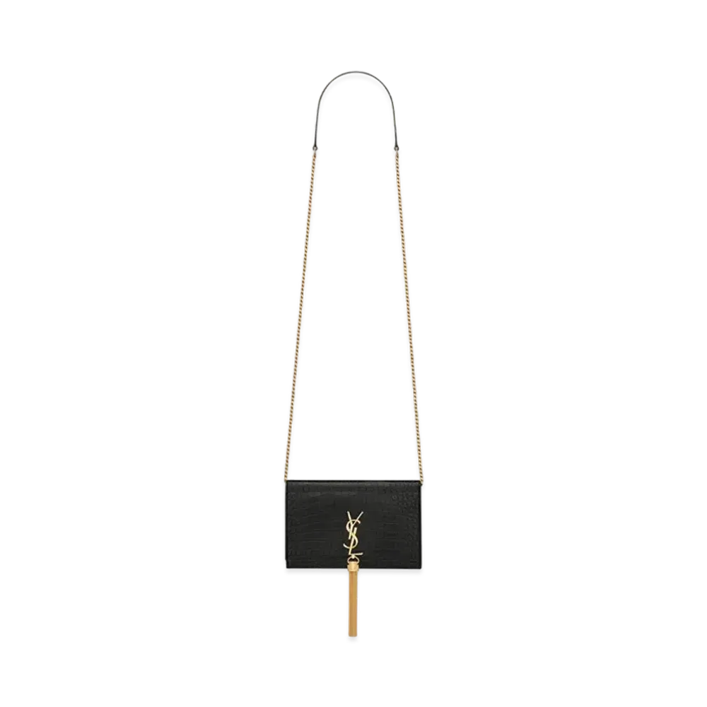 Saint Laurent Kate Chain Wallet With Tassel In Crocodile-Embossed Shiny Leather "Black"