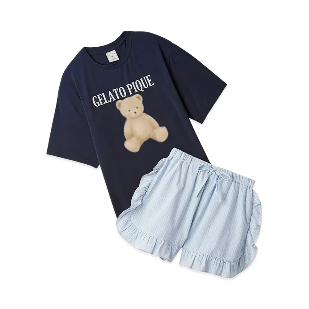 GELATO PIQUE Cool Touch Sensation Bear One Point T-Shirt & Striped Shorts Set "Navy"