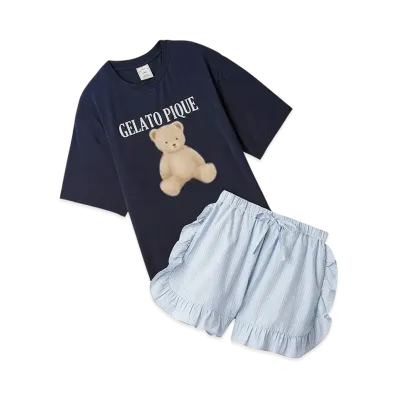 GELATO PIQUE Cool Touch Sensation Bear One Point T-Shirt & Striped Shorts Set "Navy"