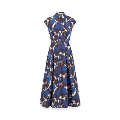Dior Women's Mid-Length Belted Shirt Dress Silk Poplin Roses Motif "Blue"