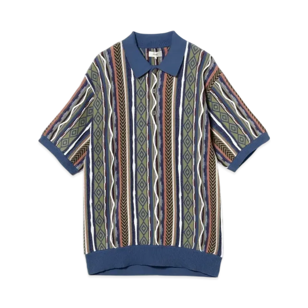 BEAMS 3D Striped Knit Polo Shirt "Blue"