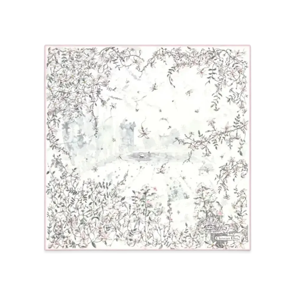 Dior Le Bal des Fleurs Jasmin 70 Square Scarf Silk Twill "Ecru/Pink"