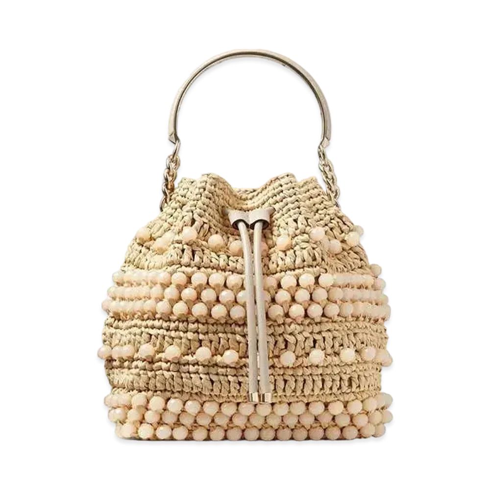 Jimmy Choo Bon Bon Bucket Beaded Raffia and Smooth Leather Tote Bag "Natural/Light Gold"